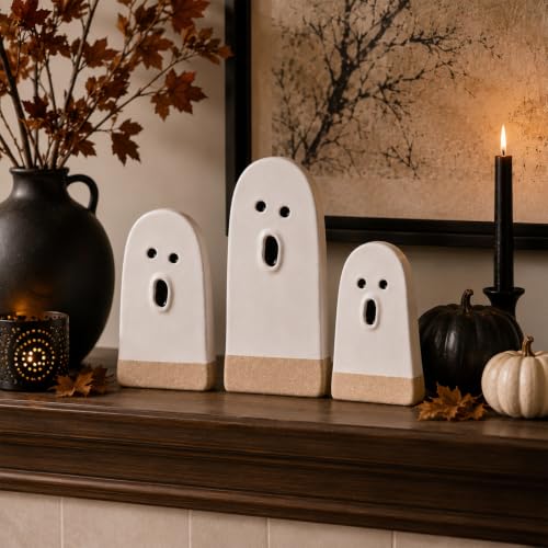 Amyhill 3 Pcs Halloween Terracotta Ceramic Ghost Figurines Decor, 3 Sizes